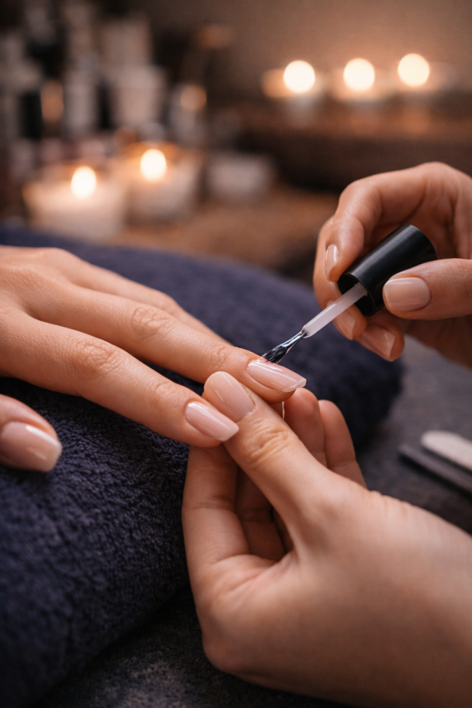 Application de vernis semi-permanent par une prothésiste ongulaire dans un institut de beauté à Comines